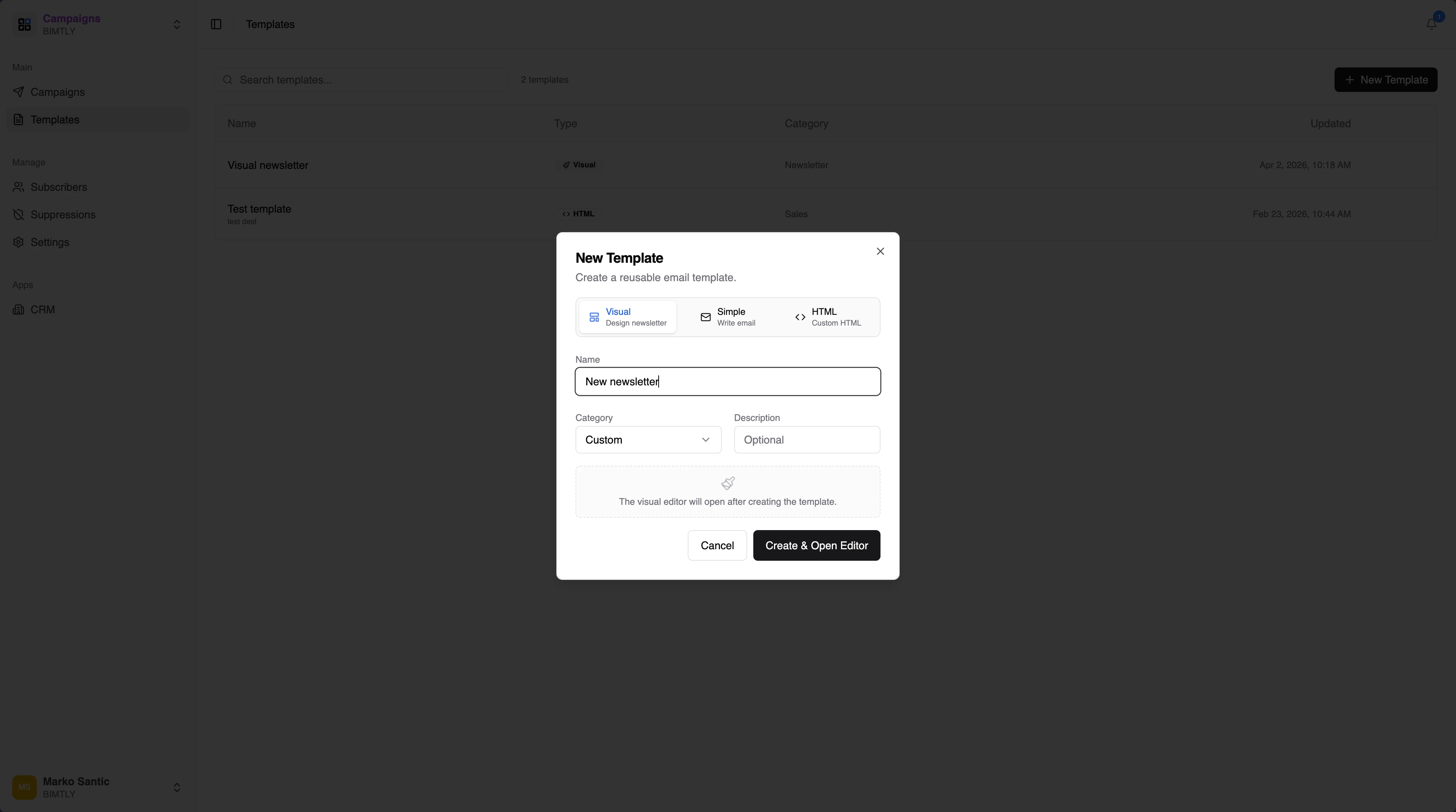 Template creation with visual, simple, and HTML options