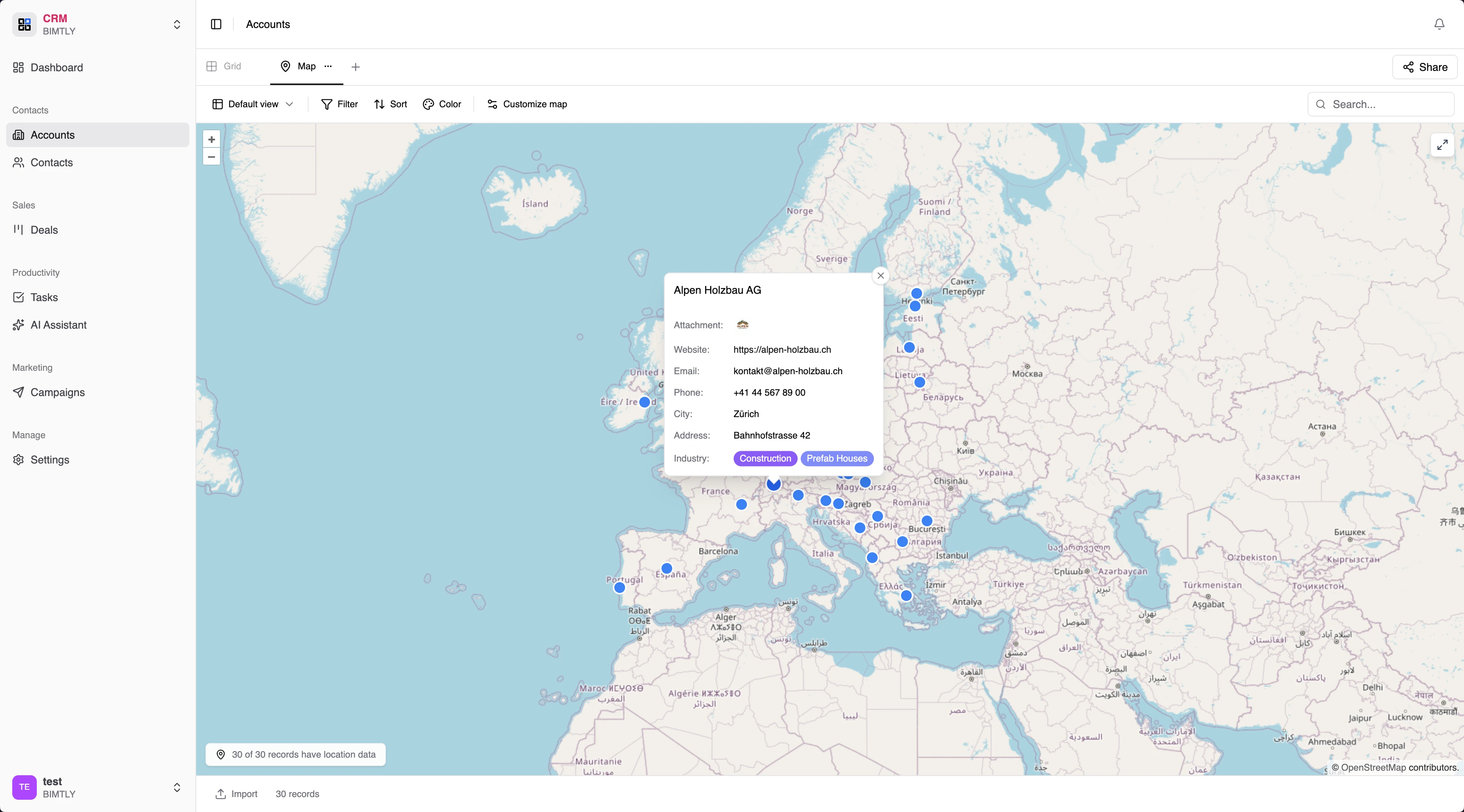 Customer map with geographic distribution across Europe