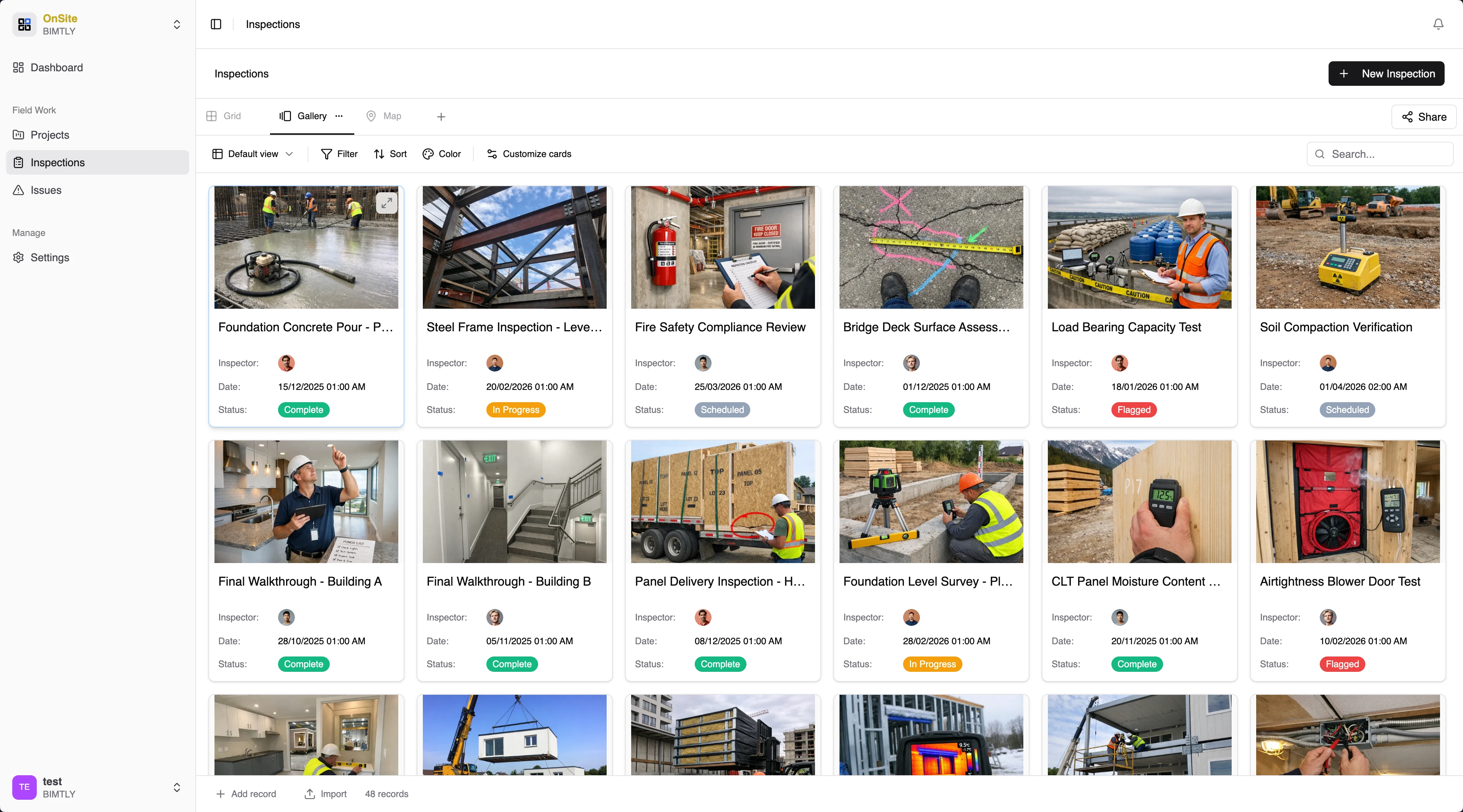 Inspection gallery with site photos and metadata