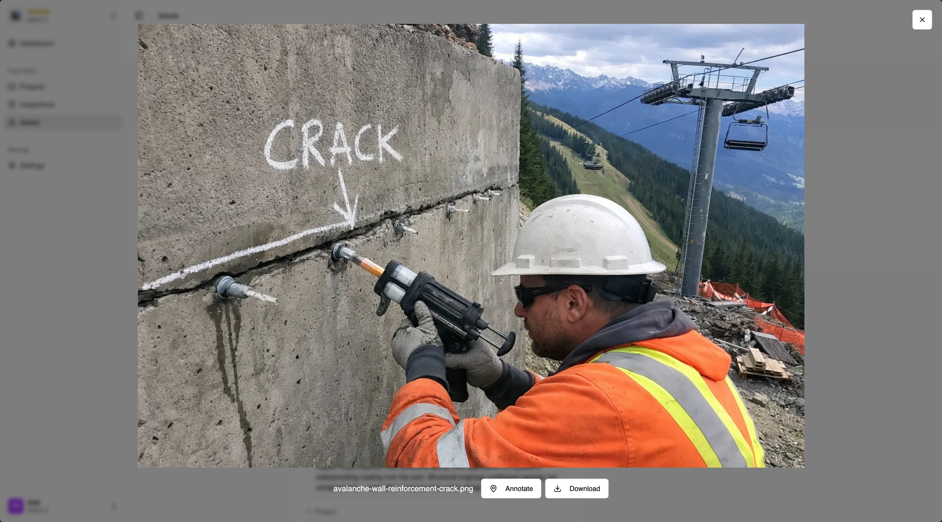 Field photo with annotation markers on concrete inspection