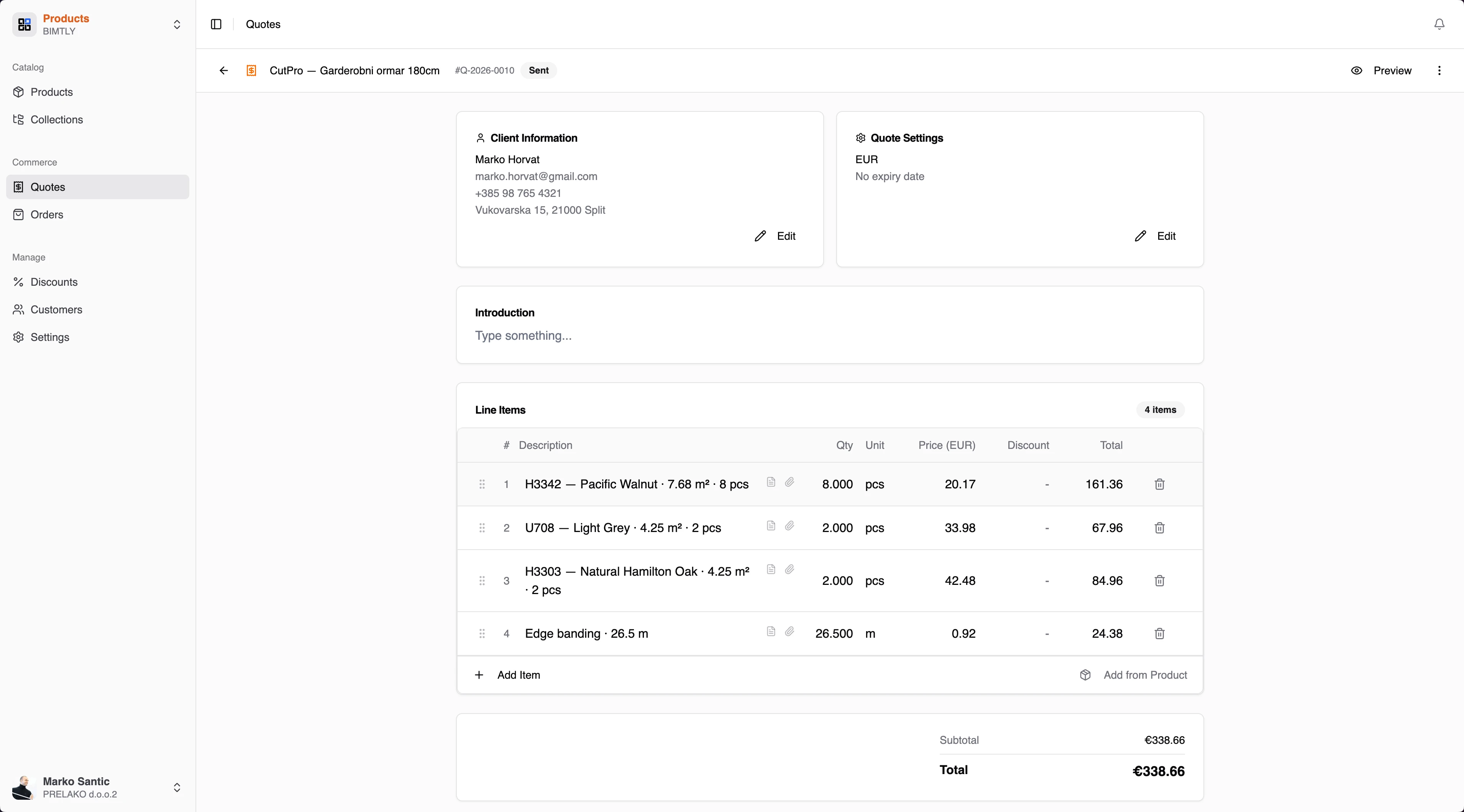 Quote editor with client details and line items