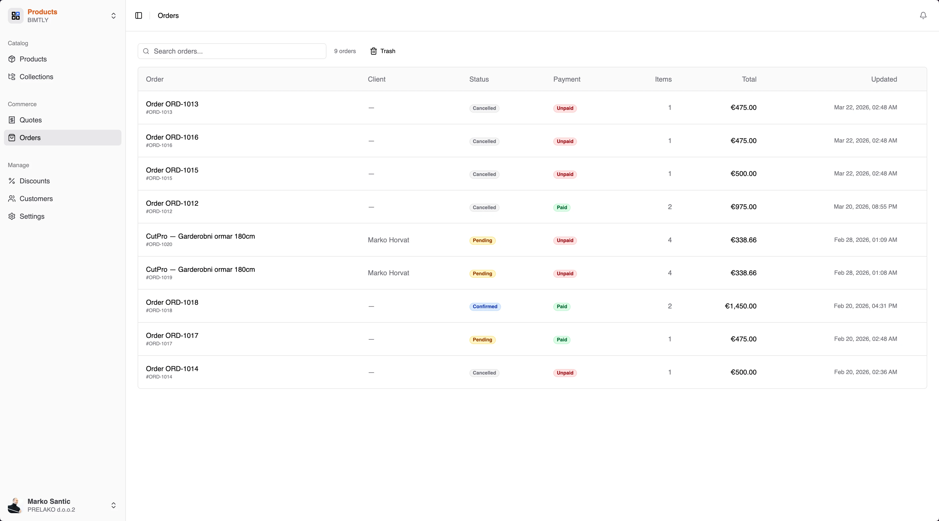 Orders management with status tracking